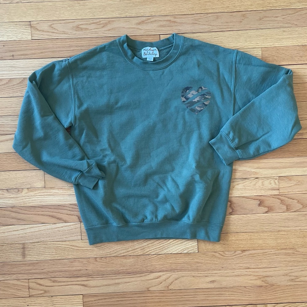 Madison & Berkeley army green sweatshirt with camo heart